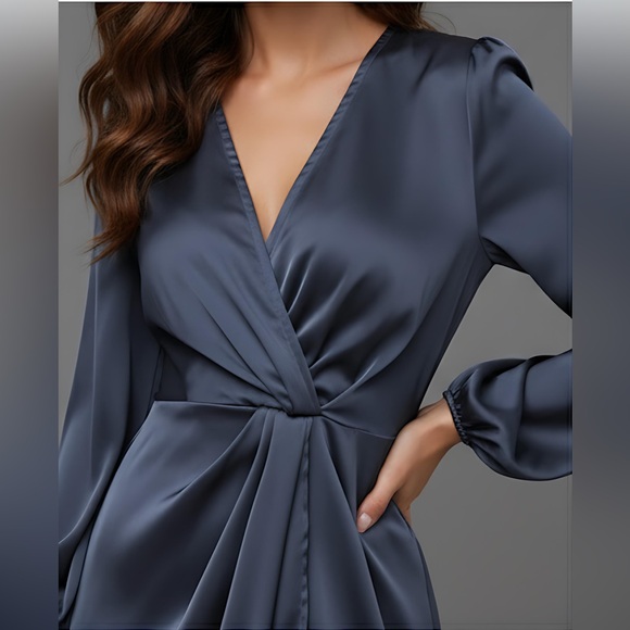 Navy Blue Satin Lantern Sleeve Wrap Hem Dress - Picture 2 of 5